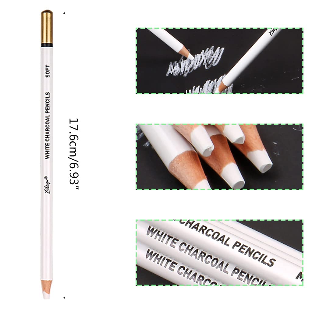 Set of 6 Prmeium White Charcoal Pencils Set 3 Pcs Soft 3 Pcs Sketch Highlight White Pencils for Ideal for Drawing