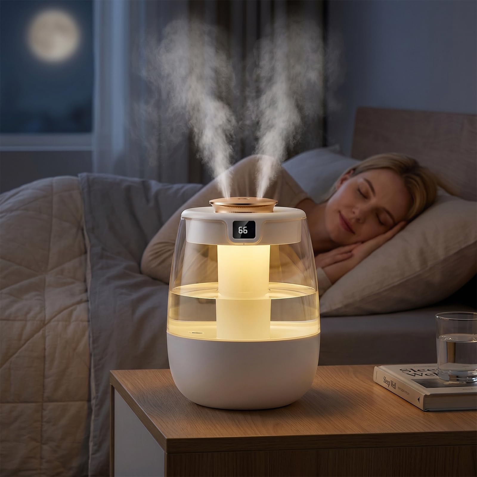 Humidificador de aire de 1,3 L con sensor de humedad y doble puerto de pulverización, fabricante de niebla fría, humidificador de luz nocturna USB de ruido ultrabajo para uso doméstico y de oficina