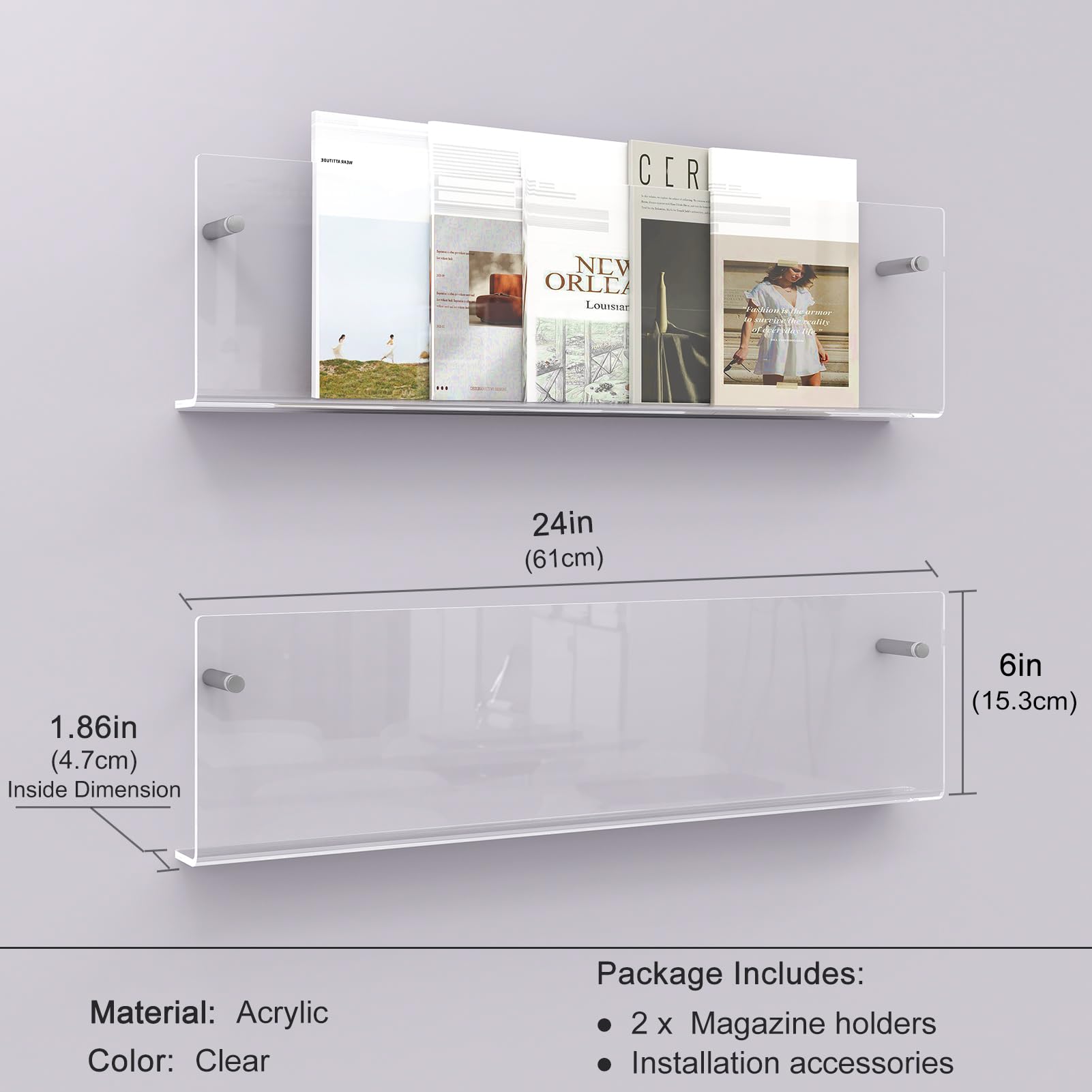 Soporte acrílico para revistas, paquete de 2 estantes colgantes para revistas, soporte flotante montado en la pared para sala de espera, oficina, hogar (transparente, 24 pulgadas)