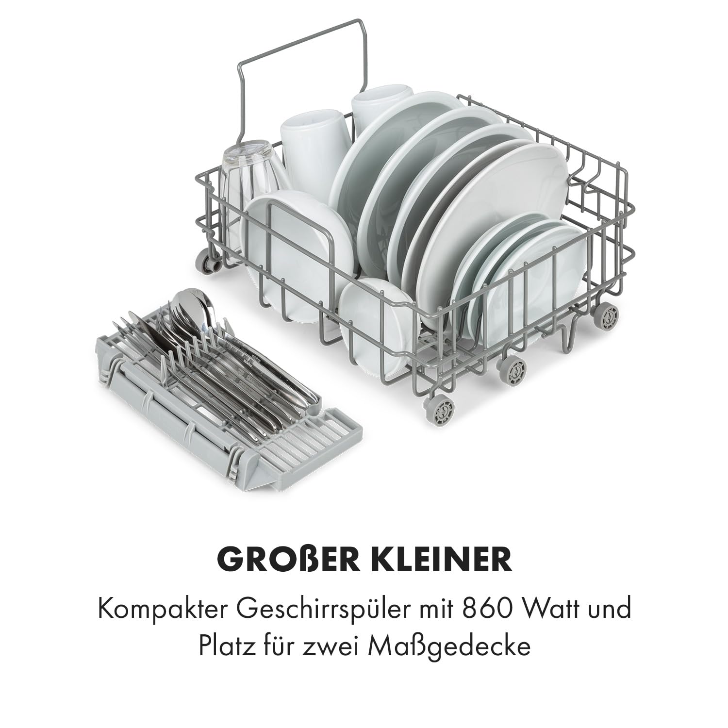 Klarstein Mini-Geschirrspüler Freistehend, 2 Maßgedecke, 6 Programme, Wassertank 6 L, Weiß