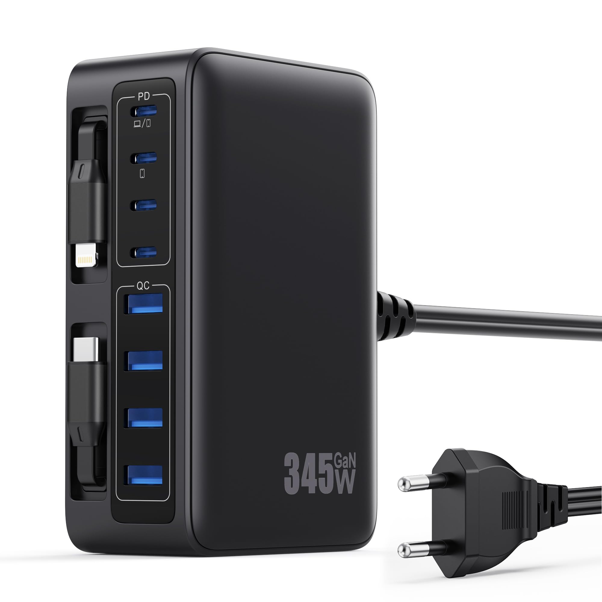 345W Chargeur USB C Multiple avec Câble Rétractable, 10-en-1 GaN VI Tech Prise USB, PD/PPS/QC Chargeur Rapide Multiple Station de Charge pour MacBook Pro/Air, iPhone, i Pad, Sam Sung Tablette etc.