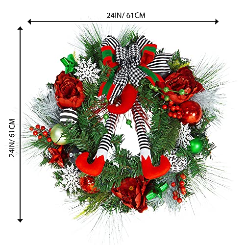 24" Prelit Christmas Wreath with Lights, Battery Operated Xmas Garland with Decorations, Wreath for Front Door Porch Wall Window Fireplace Outdoor Home Holiday Accent