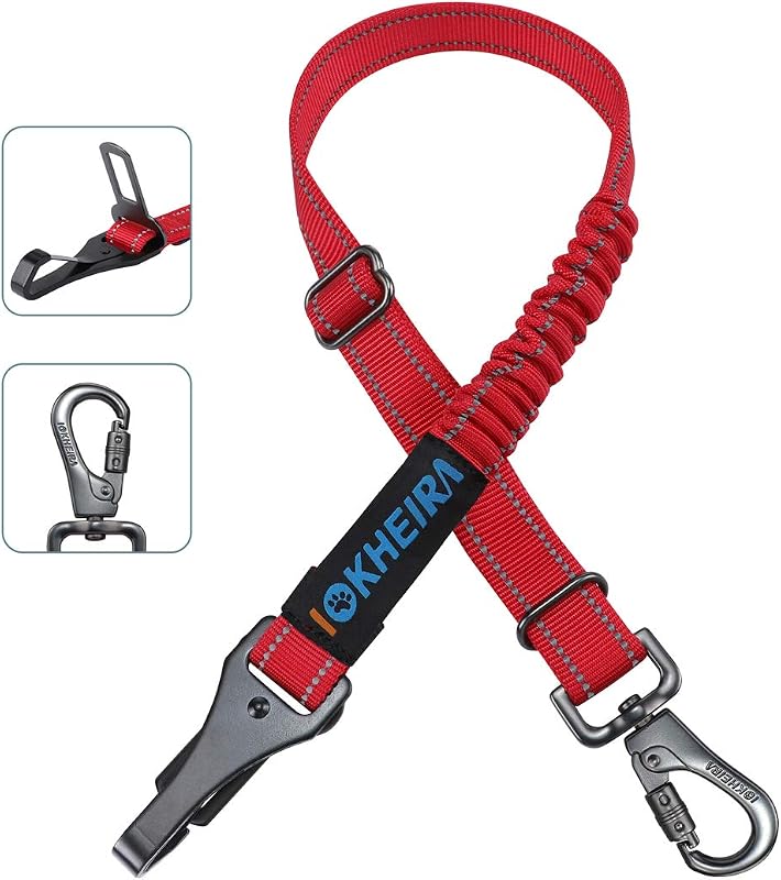 Cinto de Segurança para Cães com Arnês 3 em 1, Nylon Refletivo Ajustável com Gancho Giratório, IOKHEIRA Vermelho