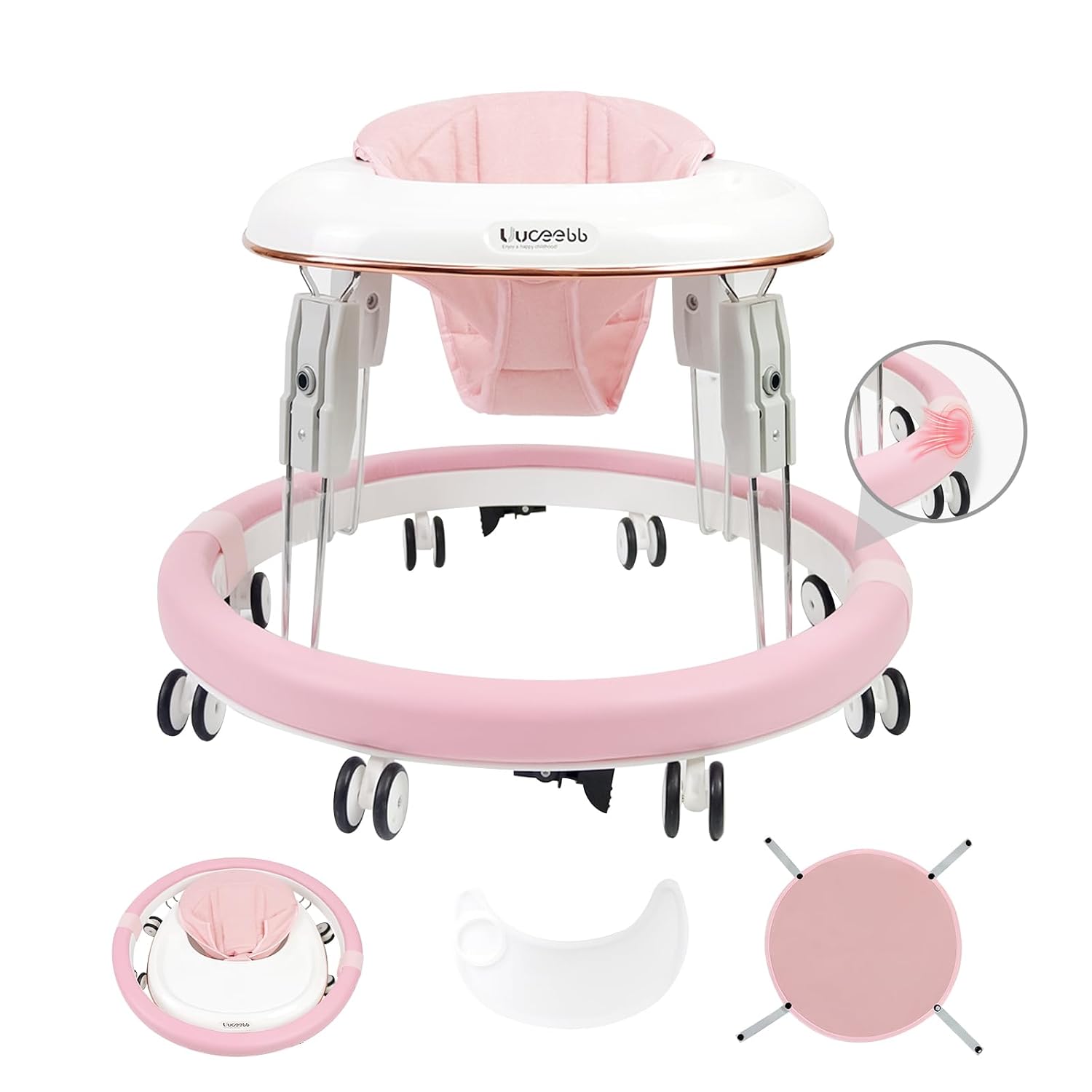 Baby Walker with Wheels, Anti-Collision Design One-Touch Folding Baby Walker, Anti-Roll 8-Wheel Round Chassis, 7-Gear Height Adjustable, with Large Dinner Plate for Baby from 6-18M, Pink