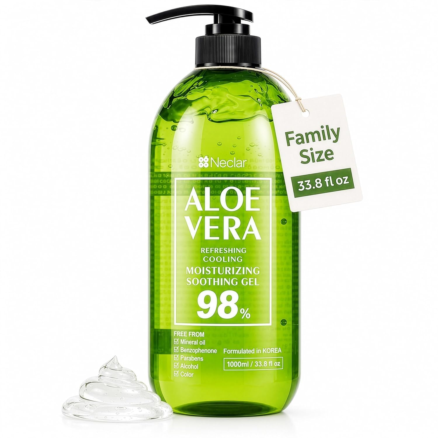 Neclar 98% Pure Aloe Vera Gel for Sunburn Relief - Big 33.8oz / 1000ml - Korean After Sun Care lotion For Face, Skin and Hair - Sun Burn Moisturizer