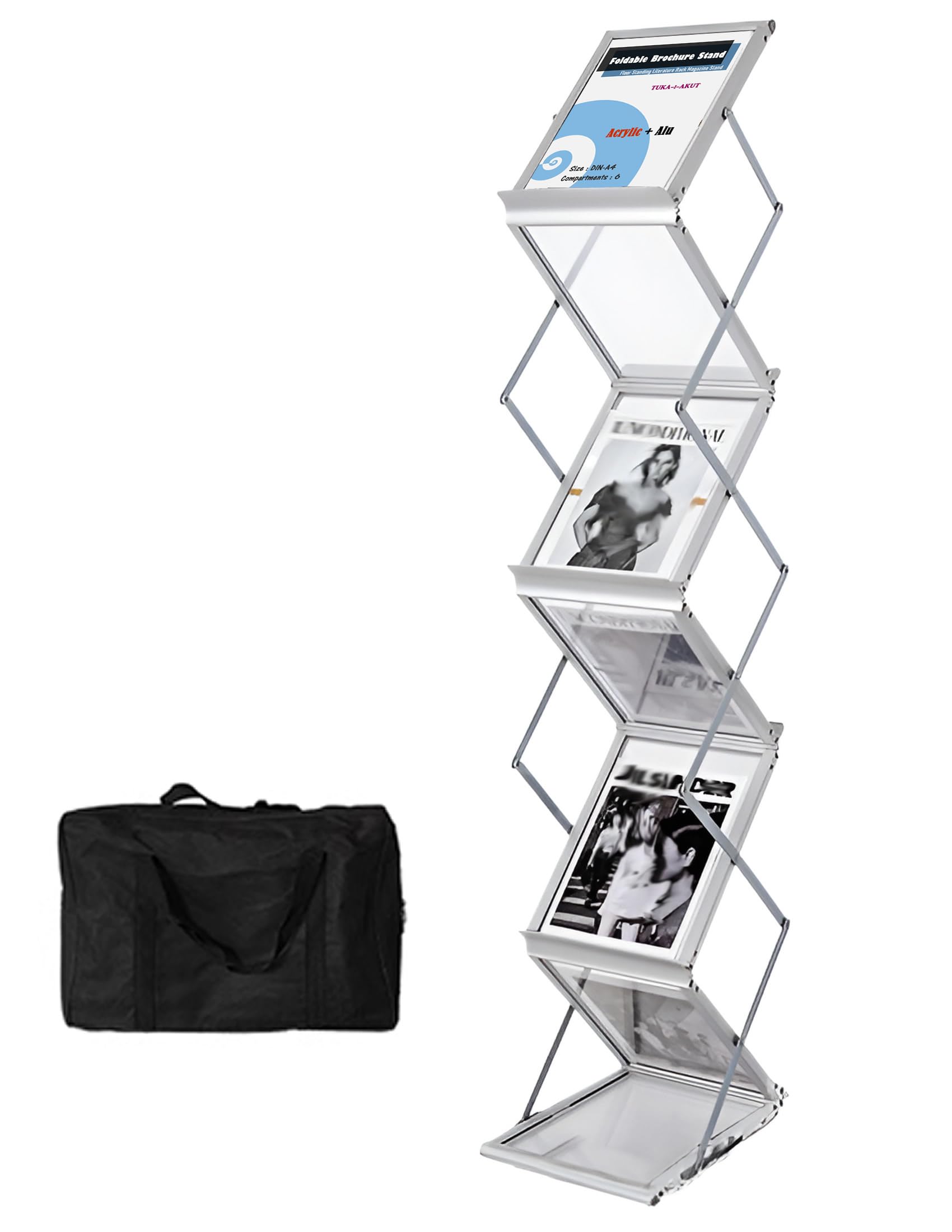 TUKA-i-AKUT Faltbar Prospektständer 6 Fächer A4 aus Alu / Acryl, Inkl. Tragetasche, Literaturständer Bodenprospektständer Magazinständer Kataloghalter Falt-Prospektaufsteller, Silber, TKD8430-A4-Sa