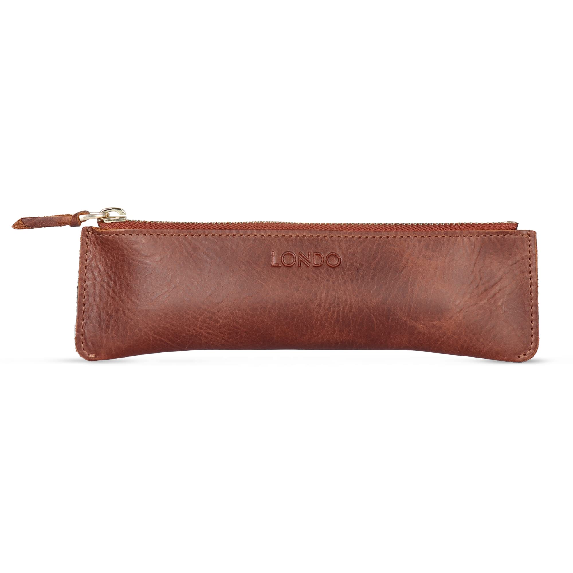 LONDO Zippered Genuine Leather Pen and Pencil Case Cosmetic Pouch (Brown v2)