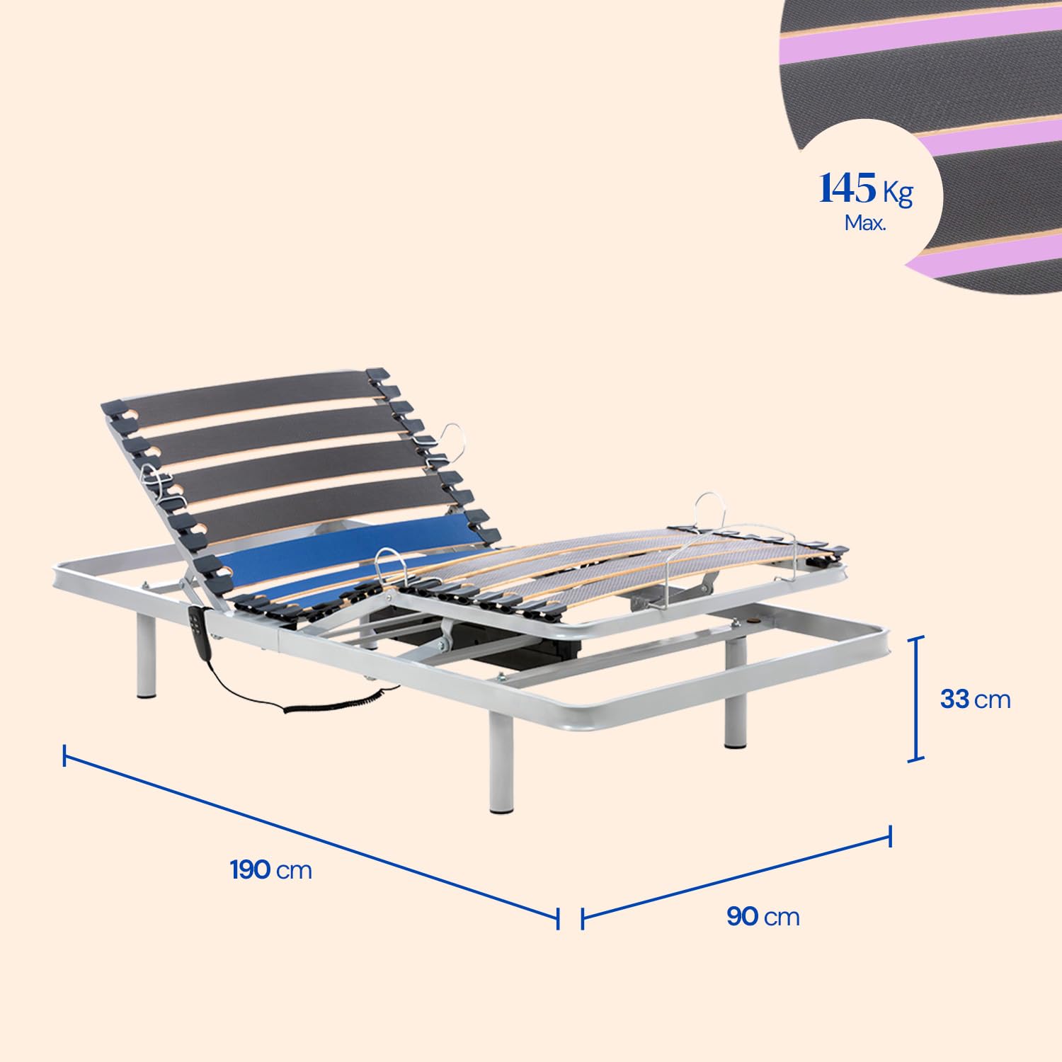 Geriafy Telaio per letto singolo elettrico regolabile, 90 cm, base reclinabile in 4 sezioni, motore silenzioso, telecomando con cavo, barre di fissaggio per materasso incluse