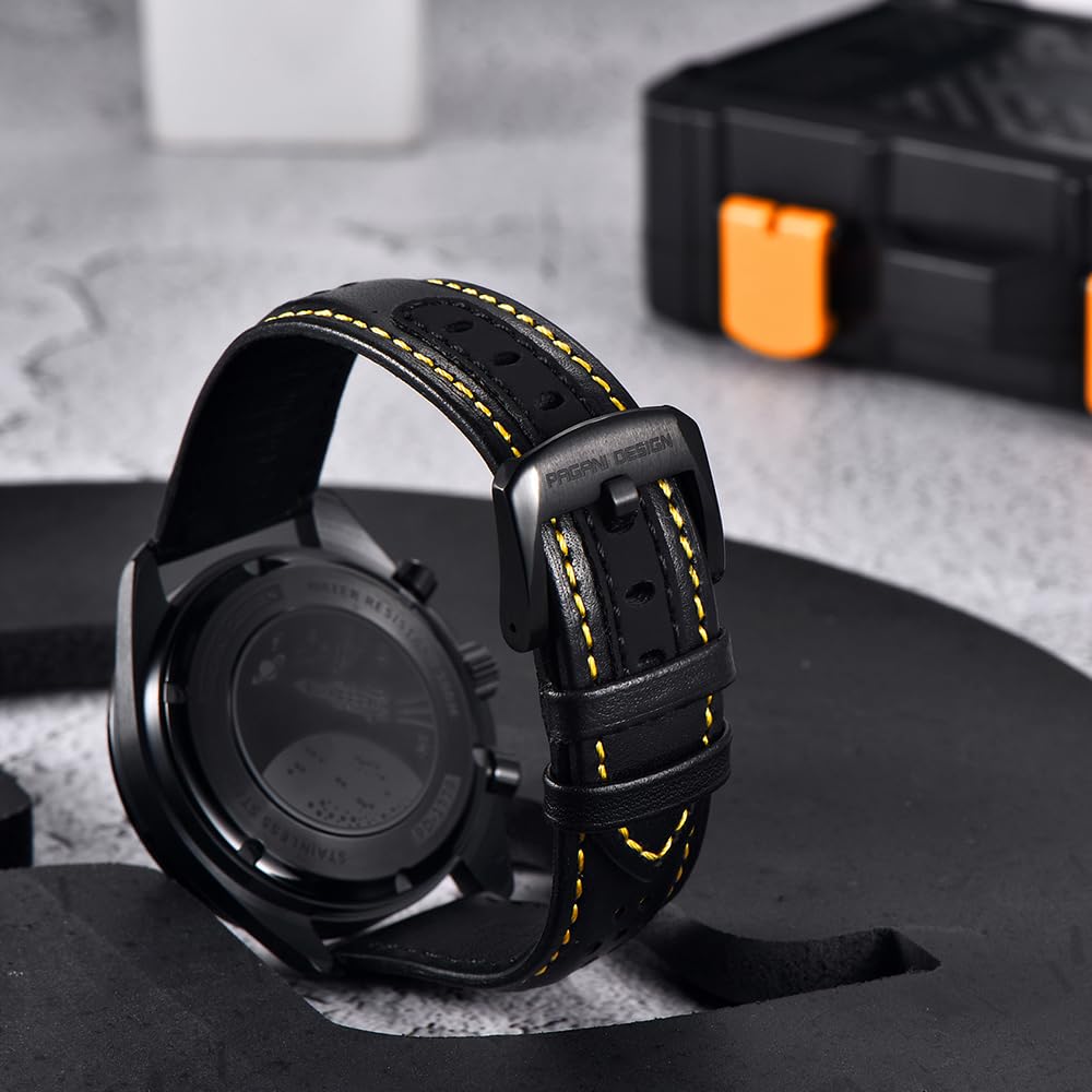 Pagani Design 1779 Lusso Uomo Orologio al quarzo Luna Cronografo Scheletro AR Sintetico Zaffiro VK63 Movimento Cinturino in pelle impermeabile Sportivo orologio Completo nero
