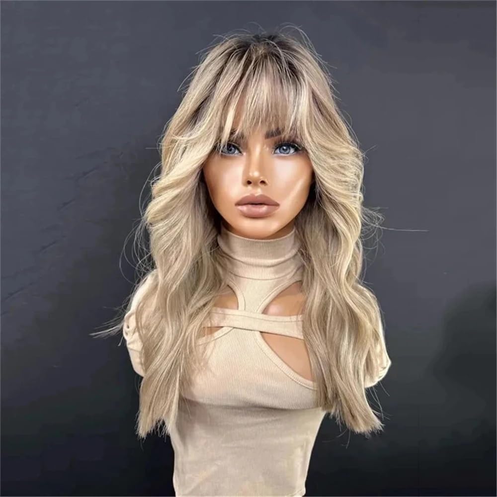 Peruki z koronką falową Peruki z koronką dla kobiet Ombre Ash Honey Blonde Kolorowe peruki bez kleju z grzywką Peruka syntetyczna Peruki z naturalnych włosów syntetycznych(24inches)