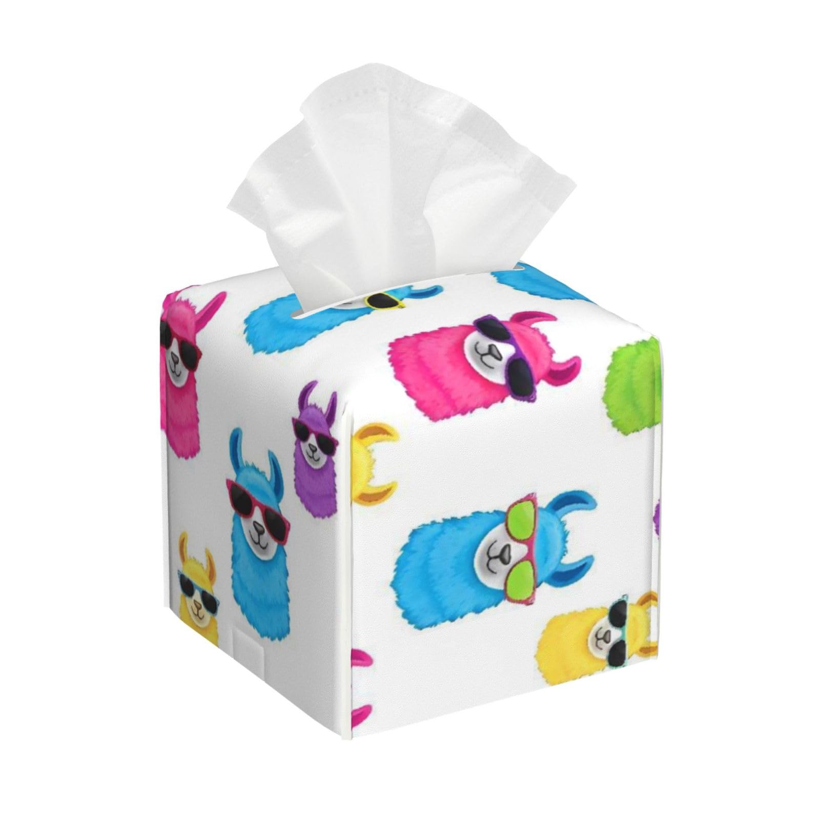 Rainbow Cool Llama with Sunglass Leather Tissue Box Cover Holder Square Facial Paper Organizer 5.2" X 5.2" X 5.2"