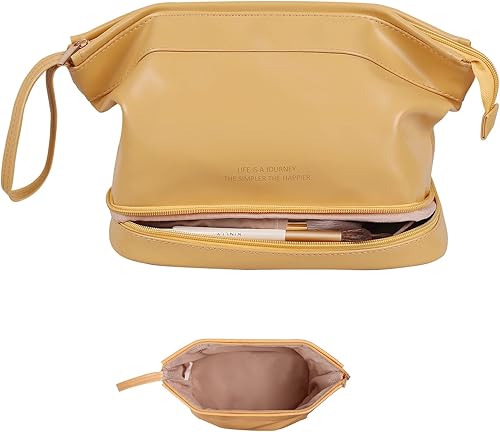 Miniatura 9 de Abiudeng Bolsa de maquillaje grande, bolsa de cosméticos de doble capa, bolsa de maquillaje de viaje, bolsa de maquillaje de cuero, bolsas de viaje