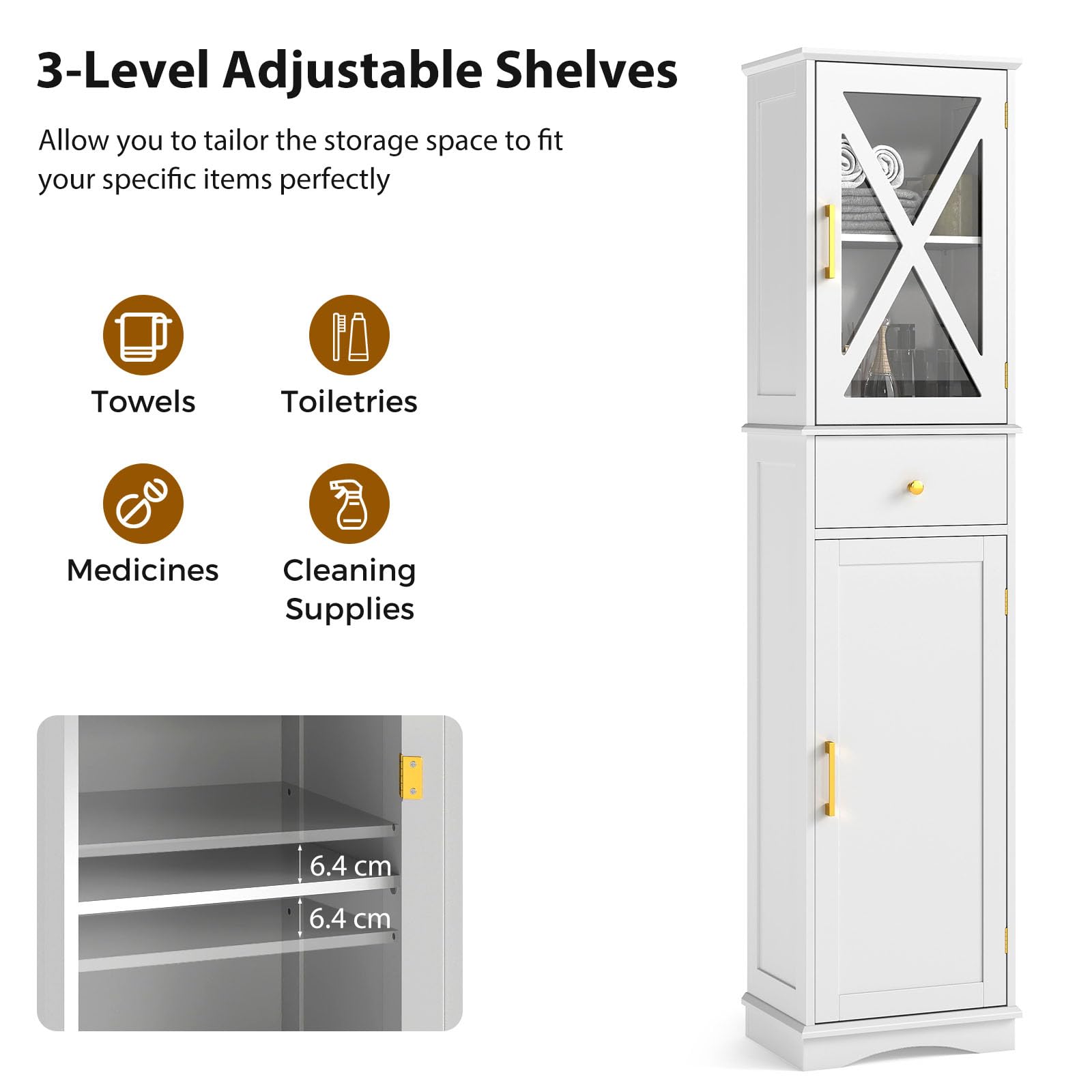 LIFEZEAL Armoire Haute autoportante avec 2 tiroirs et Portes, Armoire de Salle de Bain étroite avec étagère réglable, Meuble de Sol pour Salle de Bain, Salon, Cuisine, 40 x 30 x 168 cm (Blanc)