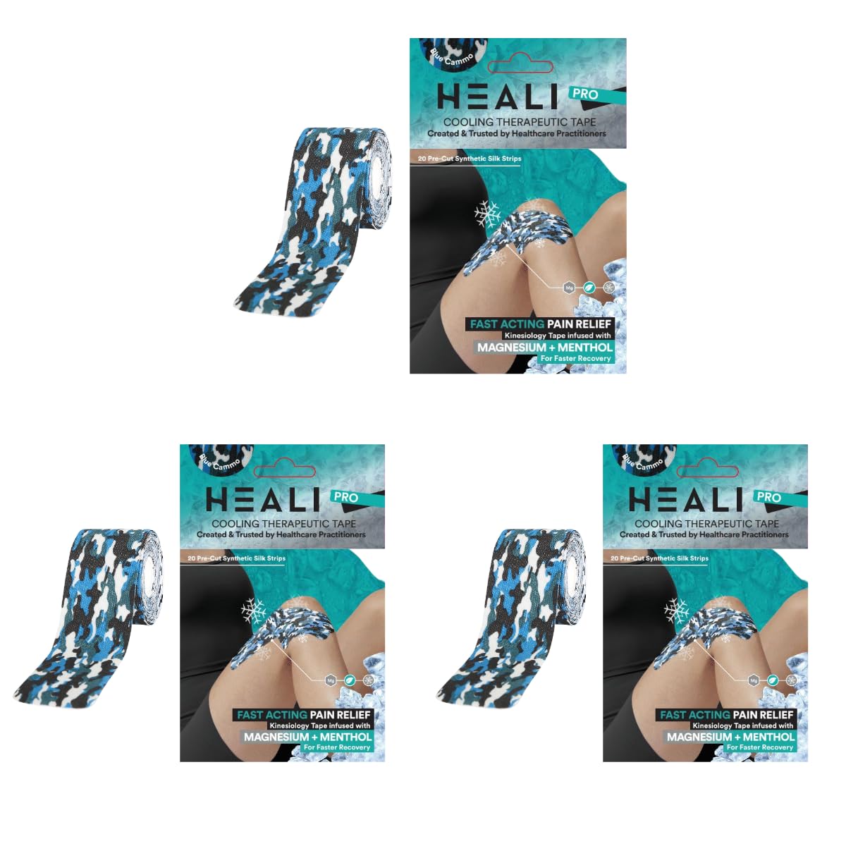 Heali Kinesiology Tape with Magnesium and Menthol 3-Pack of 20 Pcs Precut Strips K Tape Roll Knees Physical