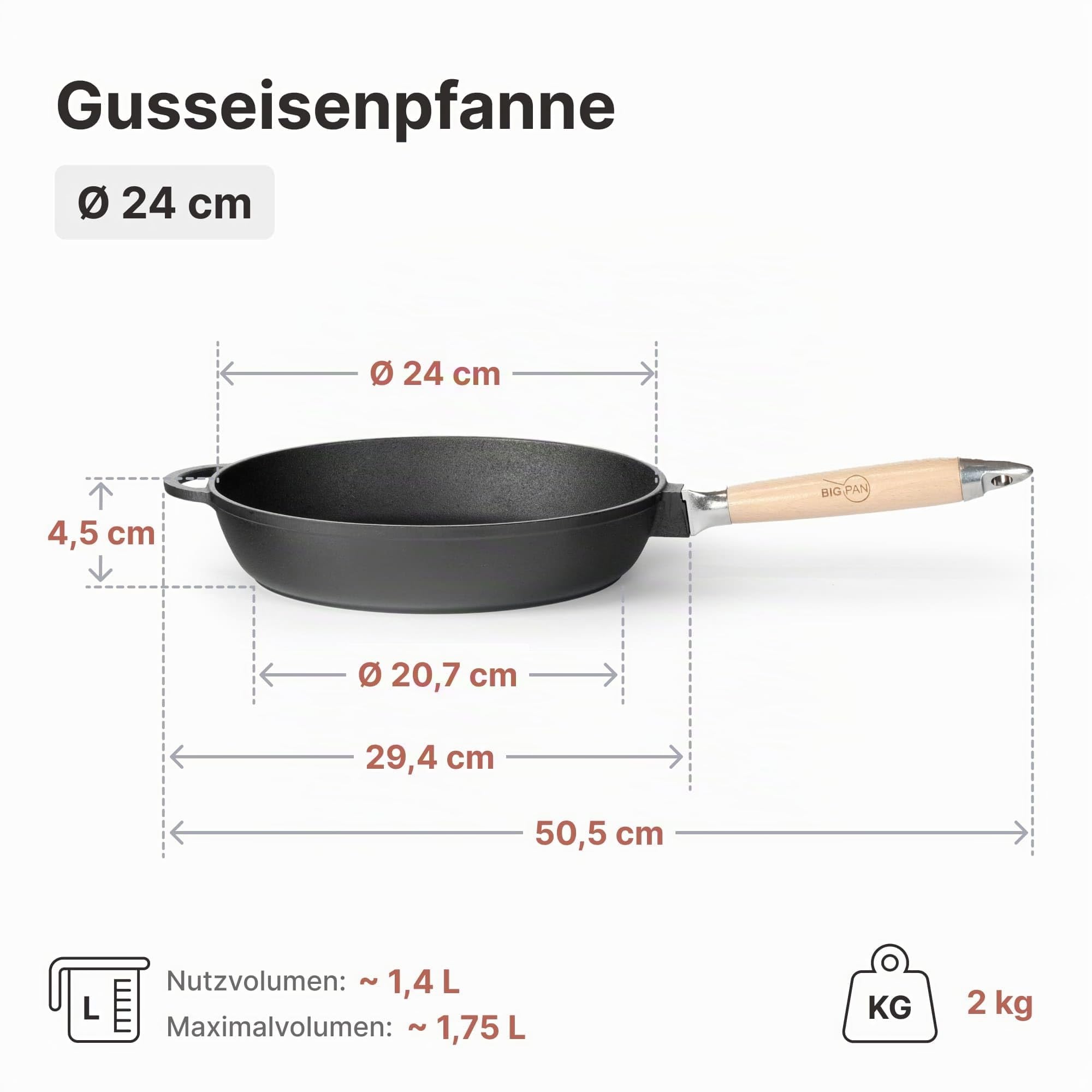 Premium Gusseisenpfanne 24 cm tief abnehmbarer Holzgriff mit Glasdeckel