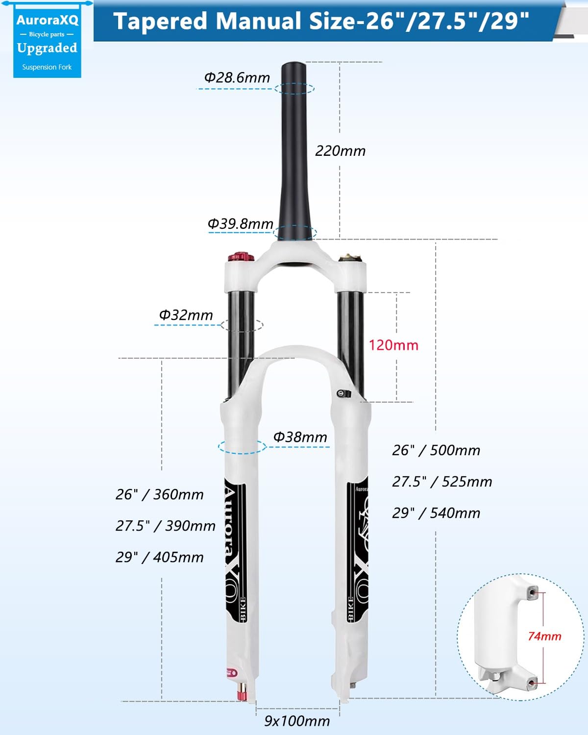 AuroraXQ Widelec Amortyzowany do Roweru Górskiego 26/27,5/29 Cali 120mm Skok QR do MTB AM XC