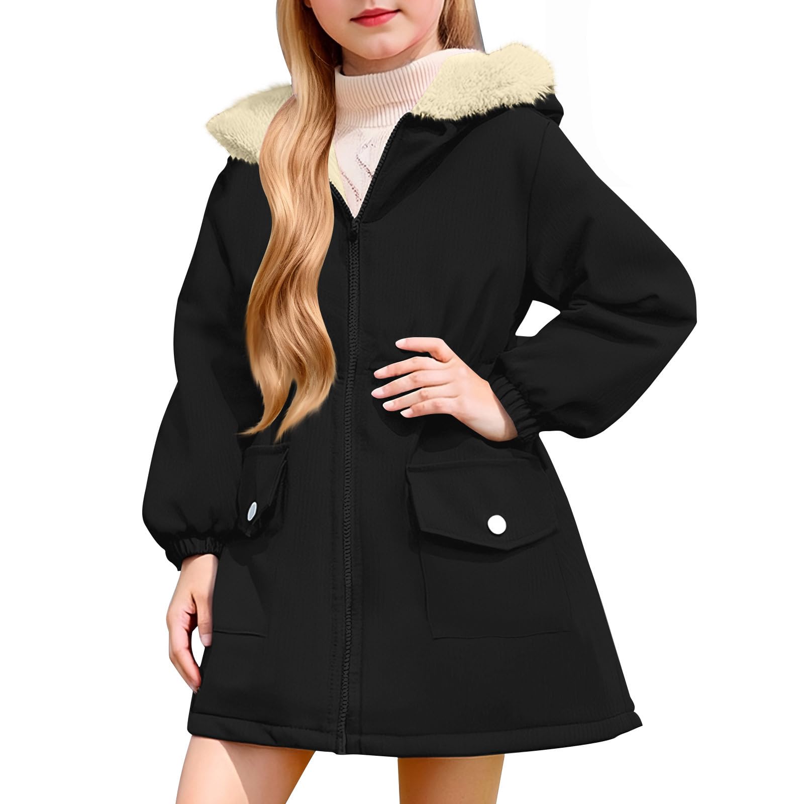 Generisch Wintermantel Mädchen Lang Kinder Winterjacke Kapuzenjacke Warme Tasche Outdoorjacke