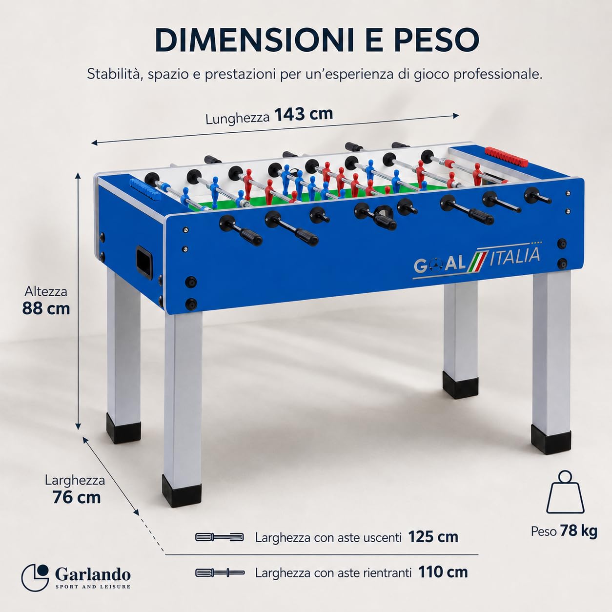 Garlando Calcio Balilla Goal [Made in Italy] Calcetto da Tavolo Biliardino Con Aste Rientranti Telescopiche o Uscenti | Campo in Vetro Temperato Infrangibile |Palline e Spray Inclusi