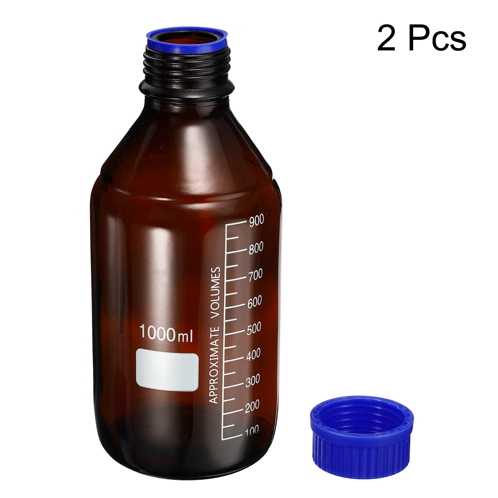 PATIKIL Botella de medios de reactivo de 1000 ml, 2 botellas redondas de almacenamiento de vidrio graduado azul tapa de rosca para el hogar de laboratorio, ámbar