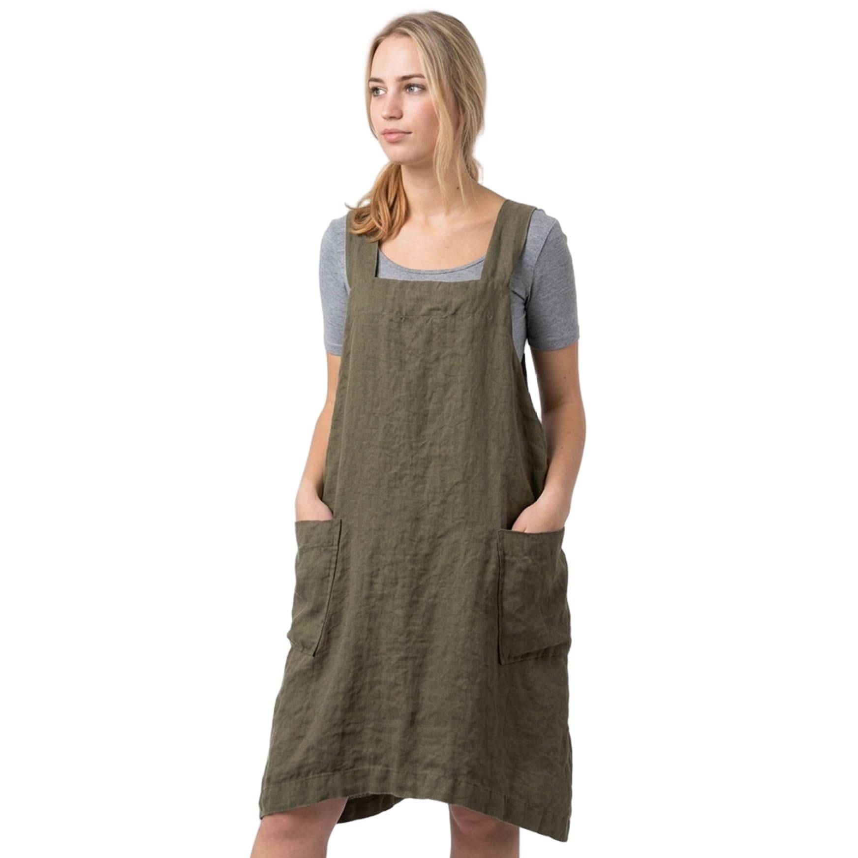 Temeemeg Japanese Apron Dress for Women - Cotton Linen Smock Apron with Cross Back Large Pockets Loose Fit Long Aprons for Gardening Cooking Crafts 2XL