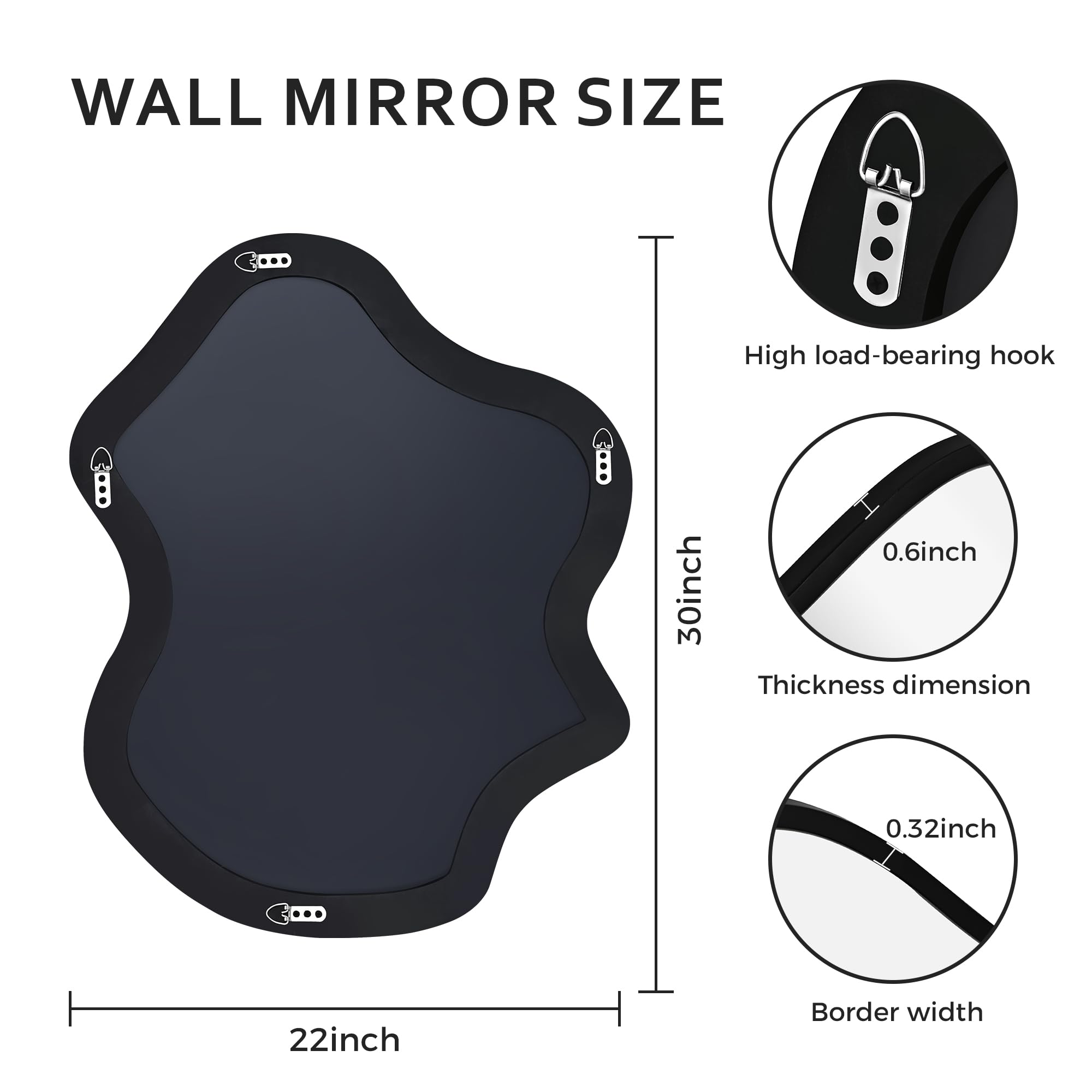 Tanmicoshomy Espejo de pared irregular de 22 x 30 pulgadas, espejo asimétrico con marco negro con vidrio templado para baño, dormitorio, sala de estar, guardarropa, entrada