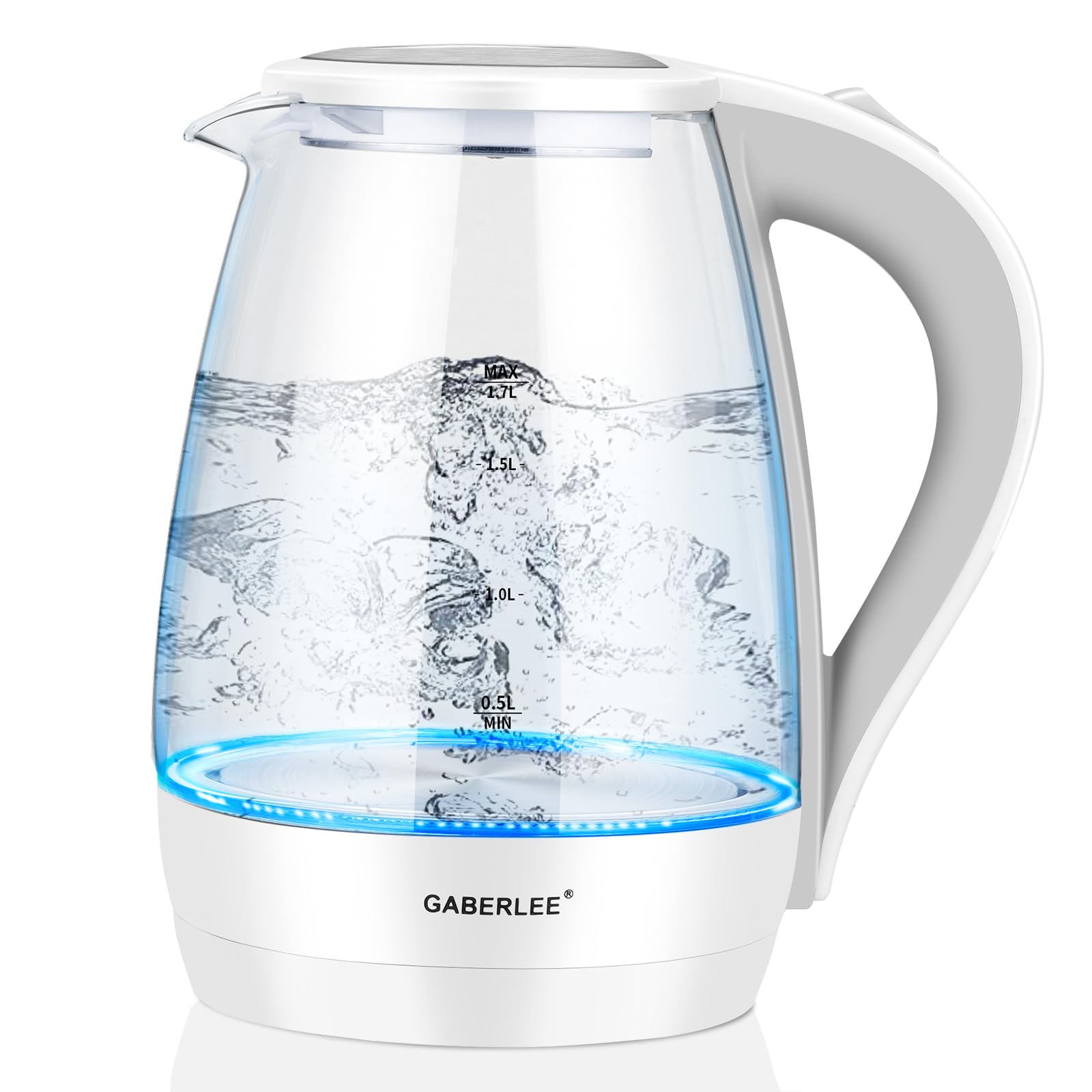GABERLEE Electric Kettle, 1.7L, Fast Boil Quiet Glass Kettle with Blue LED, Auto Shut-Off and Boil-Dry Protection, Stainless Steel Inner, BPA-Free, 2200W, Black (White)