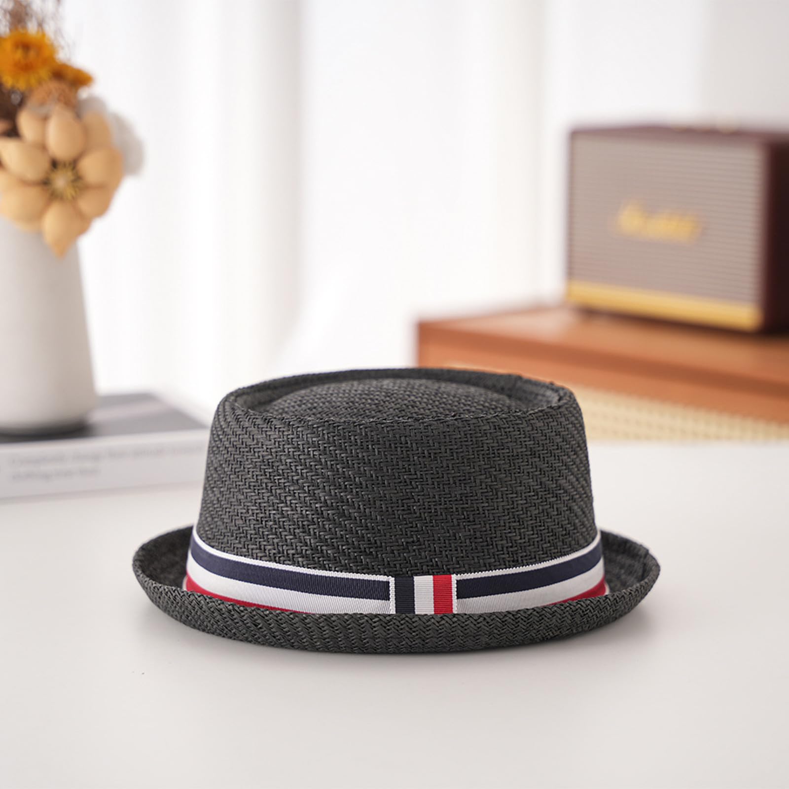 HEYANN Pork Pie, cappello di paglia da uomo Pork Pie Fedora, 58 cm, cappello estivo per uomini e donne, Bowler Flat Top parasole classico