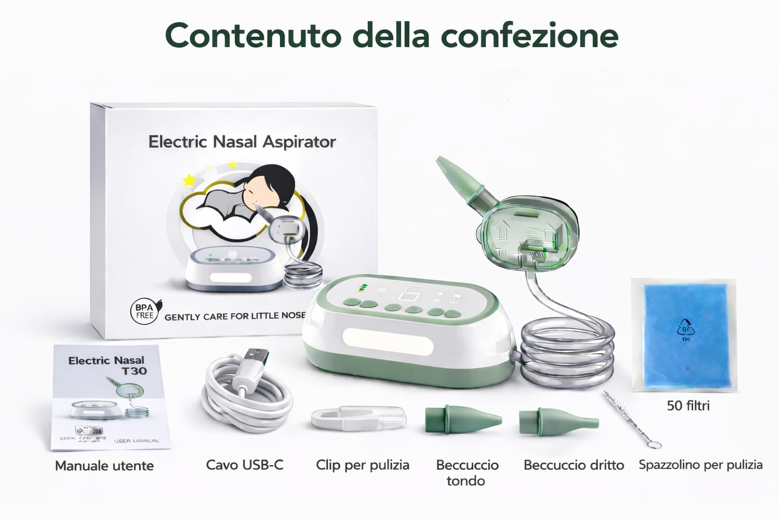 Aspiratore Nasale Elettrico NuvioTech, per Neonati e Bambini, ricaricabile, Funzione aspirazione pulsata, Display Digitale, Funzione Musicale e Luminosa, Include 50 Filtri e Accessori