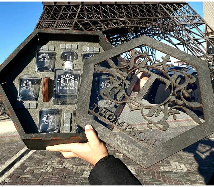 Miniatura 7 de Juego de decantadores de whisky personalizados para hombres, para el hogar, bar, decantadores de licor personalizados, caja de madera, vasos de