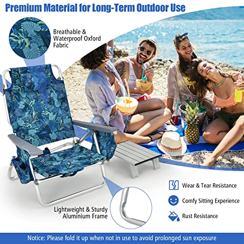 Image of Tangkula Backpack Beach Chair with Table, 5-Position Lay Flat Lightweight Low Folding Beach Chairs with Cooler Bag, 2 Cup Holders, Towel Bar, Backpack Straps