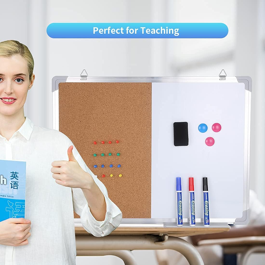 24“*18” Combo Boards Hanging Board Half Cork Half whiteboard for Home Office Desk Dry Erase with 1 Magnetic Dry Eraser, 3 Markers, 3 Magnets and 16 Thumb Tacks