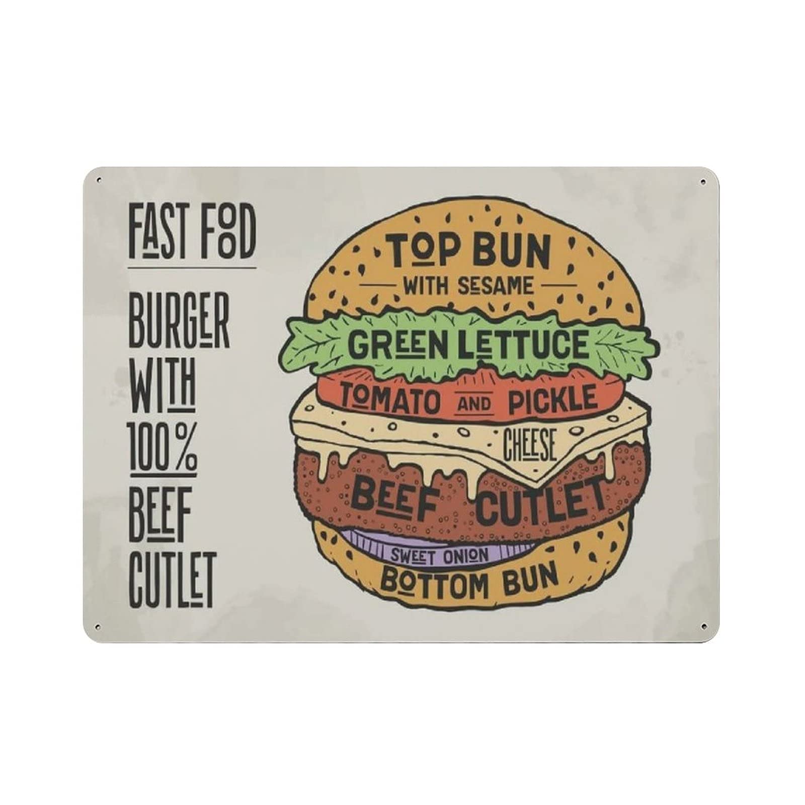 rayprint Metal Tin Sign Fastfood Burger Vintage Tin Poster Metal Sign Wall Decoration Country Kitchen Home Garage Decor 12"x16"