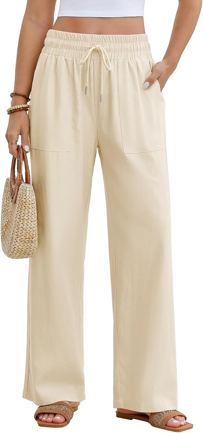 heekpek Womens Linen Blend Palazzo Pants High Waist Drawstring Wide Leg Trousers with Pockets Casual Summer Straight Pants