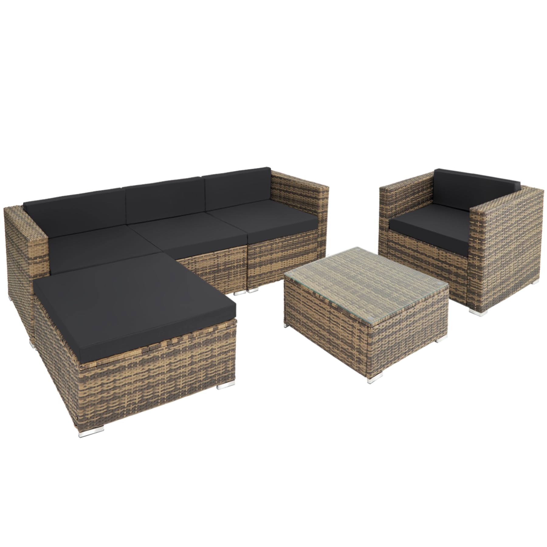 TecTake® Conjunto Jardín de Ratán, Muebles Jardín Exterior 4 Sillones, 1 Mesa Cristal, 1 Sillón Puf, Conjunto Terraza Resistente a la Intemperie, con Cojines, Modular, Estructura en Acero - Natural