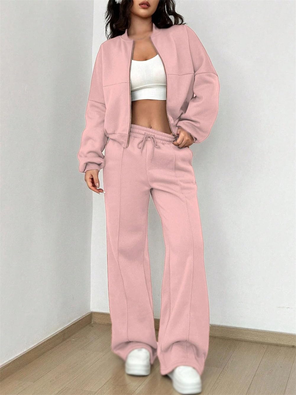 Set di pantaloni da jogging con giacca a maniche lunghe con cerniera intera, da donna, 2 pezzi, set da salotto, pantaloni della tuta da jogging