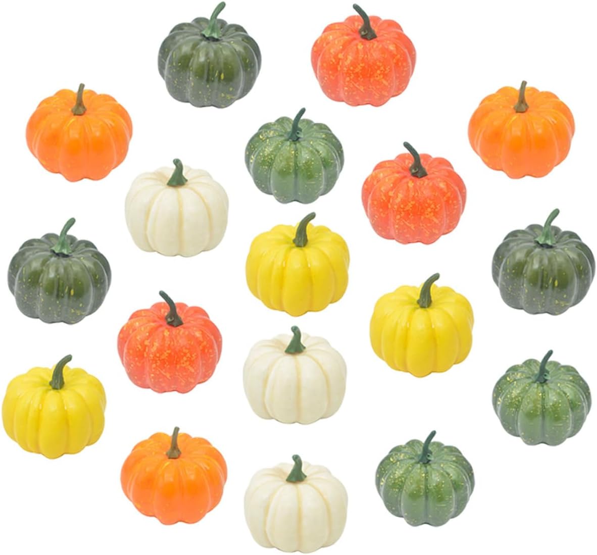 KALLORY 18pcs Artificial Pumpkin Decor Set, Small Foam Simulated Pumpkins in Yellow, Green, Light Red, White, Light Brown, and Dark Green for Halloween Party and Fall Seasonal Decoration