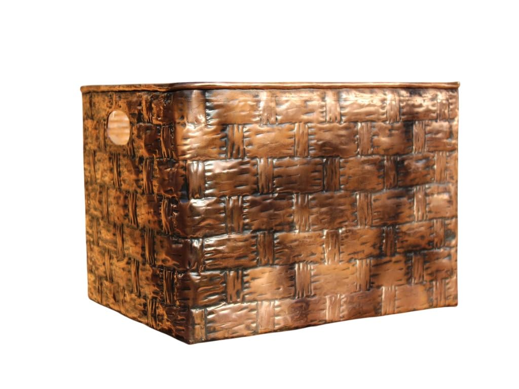 Cesta Portalegna in Rame Martellato, Artigianale con Finitura Intrecciata, Manici Laterali, Grande Contenitore Decorativo