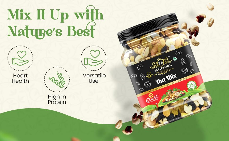 Image of Pavitransh 100% Natural Premium Mix Dry Fruits 500Gm with Almonds | Cashew | Kishmish | Apricot | Black Raisins | Dried Kiwi | Nuts and Dry Fruits 500Gm (Jar pack)