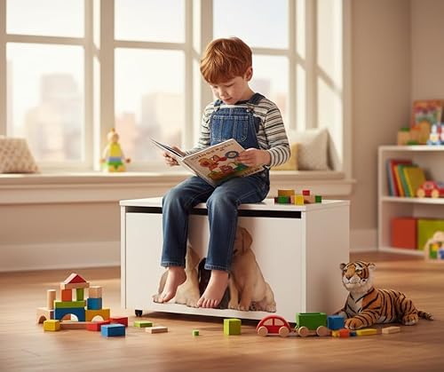 Leomark große Holzspielzeugkiste auf Rädern, Sitzbank mit Stauraum, Spielzeugkiste mit Deckel, Kinderbank – Truhenbank für Kinder, weiße Aufbewahrungsbox 91L, Maße: 71cm x40,5cm x45cm (Hunde) - 2