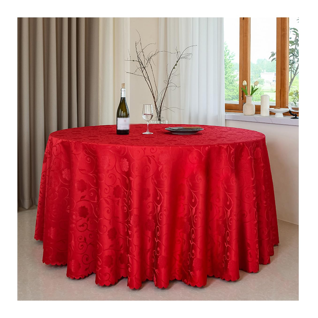 Nappe ronde de Noël rouge en polyester de 200 cm au fini élégant Modèle D
