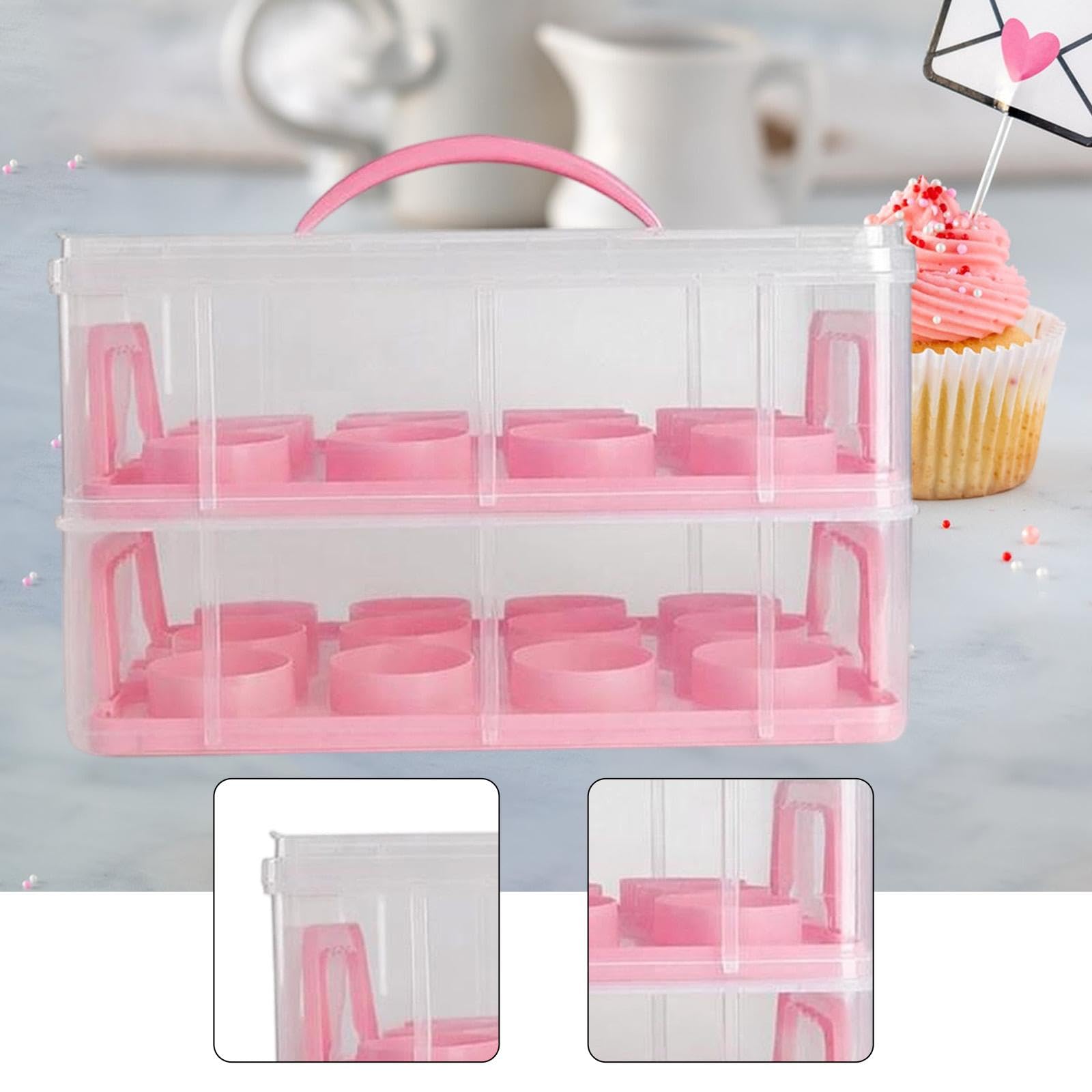 Qianly Caja portatartas de cumpleaños con asa, 24 Compartimentos, Ligera, de Dos Niveles, para Guardar Pasteles y horneados, Rosa