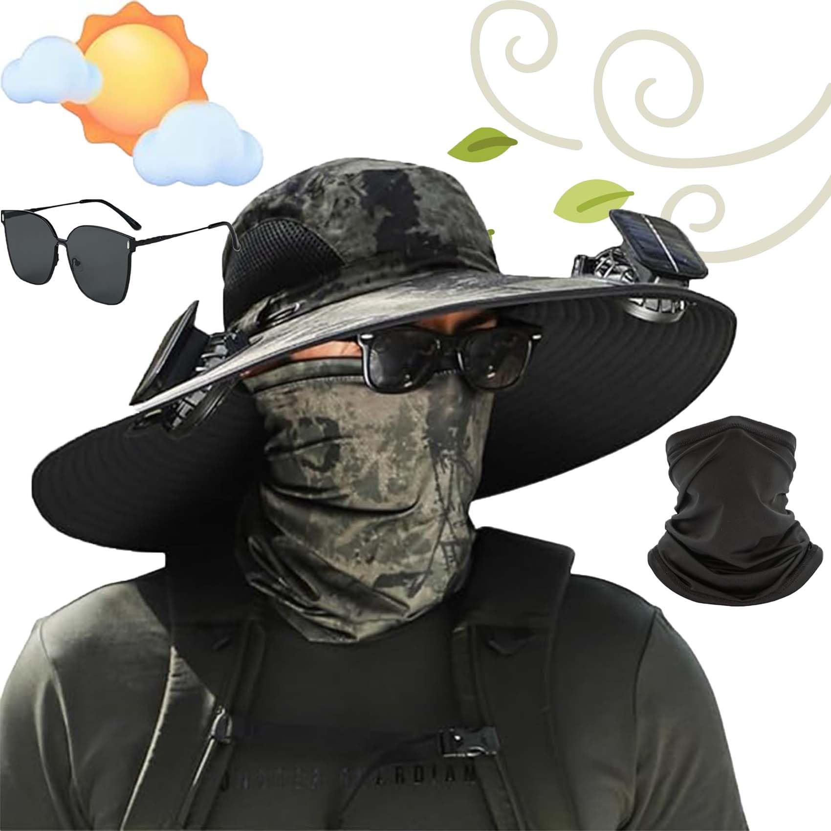 DASHENRAN Wide Brim Solar Fan Outdoor Fishing Hat-Solar & USB Charging, Waterproof Removable Outdoor Solar Fan Hats