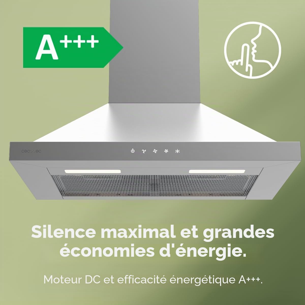 Cecotec Hotte Aspirante 60cm Pyramidale Bolero Flux PT 604000 Inox A+++. Aspiration 427,6m³/h, 3 Vitesses, SS Touch Control, Finition Inox, Basse Consommation, Moteur DC, Éclairage LED, Filtres Inclus