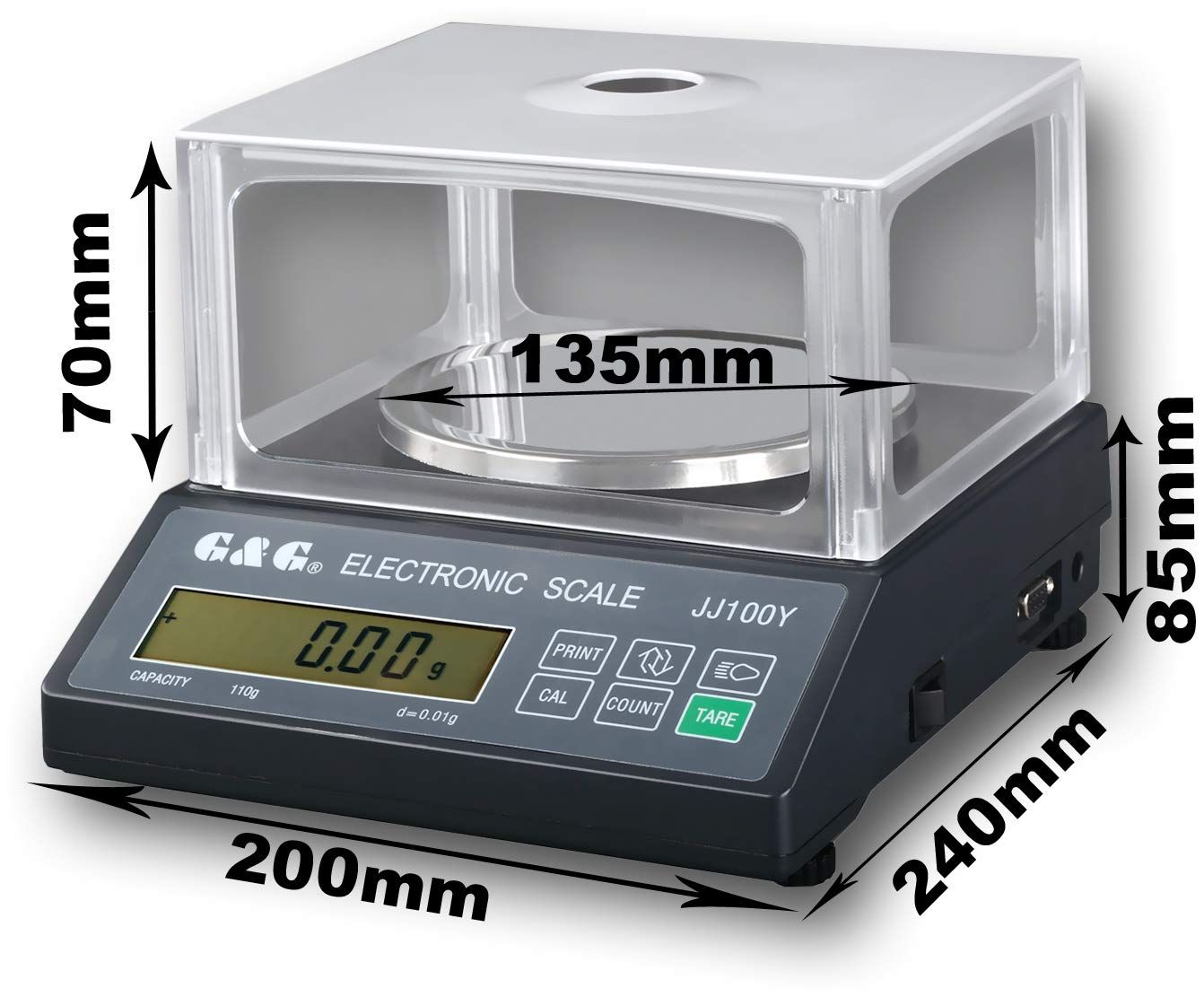 G&G JJ-Y 1000g/0.01g-6000g/0.1g,Baureihe bis 6000g, Versionen ab 0,01g. Netzteil oder Batteriebetrieb, Beleuchtetes LCD-Display, Edelstahl-Wägefläche, Tara-Funktion, Laborwaage Industriewaage
