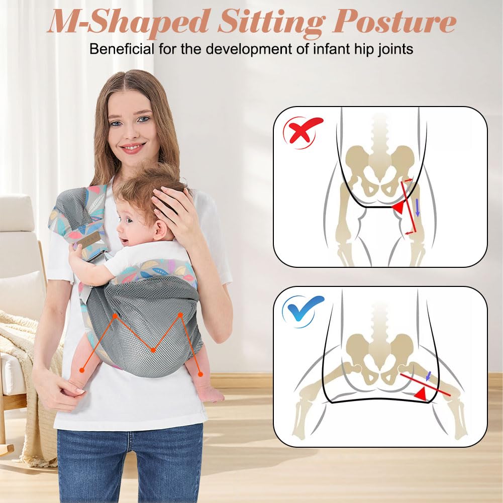 AUYAO Baby Sling Carrier Portable Breathable Toddler Sling Thick Shoulder Strap 3D Mesh Wrap Sling Wrap Baby Carrier Adjustable Baby Hip Sling Carrier for Newborn Up to 0-36 Month(Leaf Pattern) - Image 4