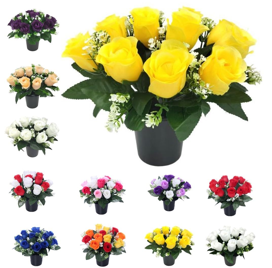 Mr. Barry’s Yellow Rose Artificial Flowers in Grave Flower Pots – UV-Resistant, Realistic, Long-Lasting Design for Cemetery, Grave Displays, Home & Garden Memorial Arrangements (Yellow Rose) — image 1