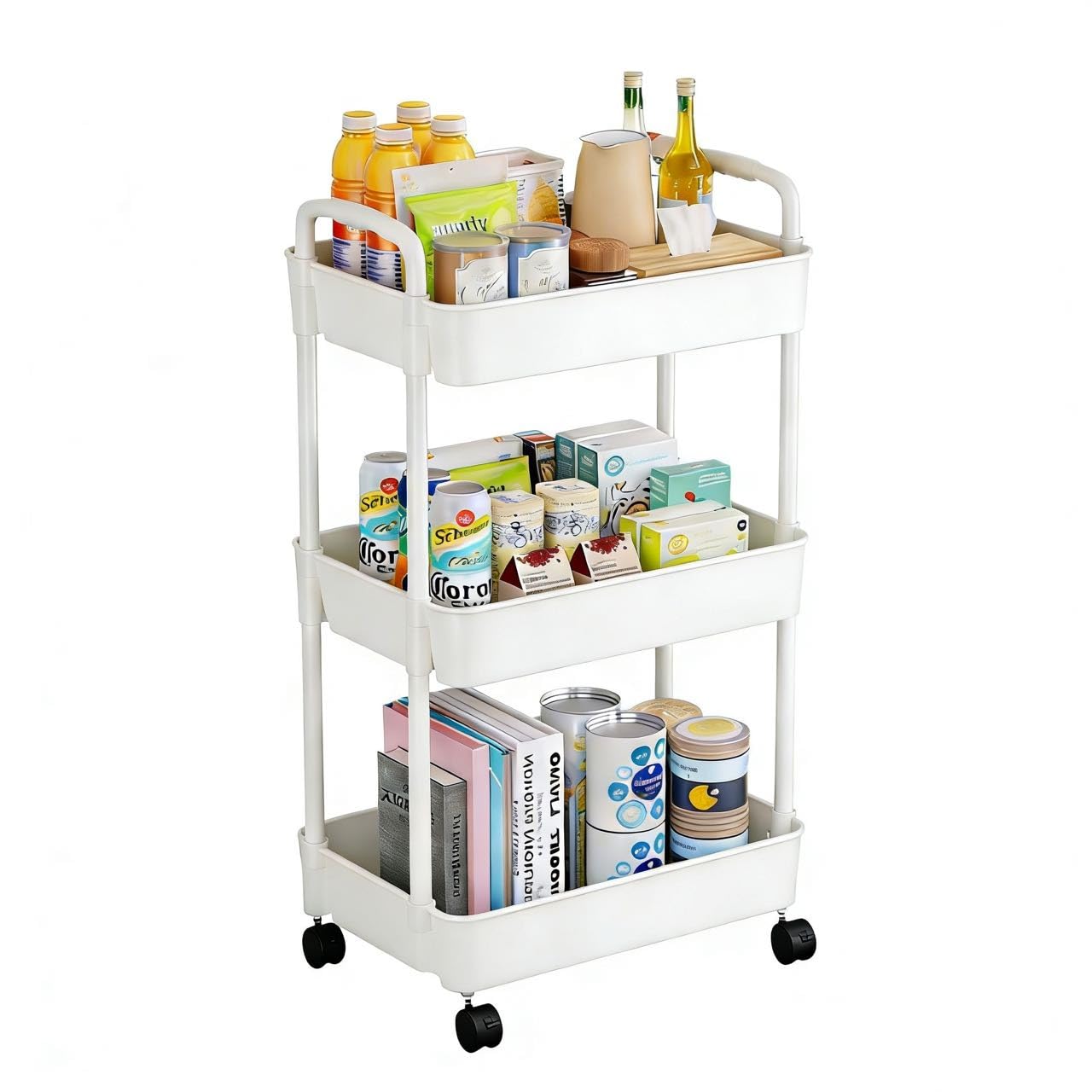 Multibao 3 Tier Storage Trolley Cart on Wheels with Handle Kitchen Bathroom Laundry Narrow Space Rack Space-Saving Mobile Shelving Organizer L35cm x W24cm x H68cm (White)