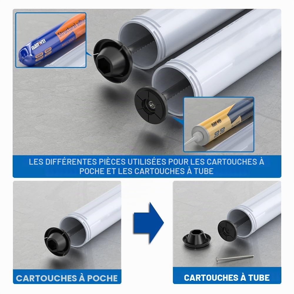 Presse à cartouche électrique pistolet à silicone avec 2 batteries 21V 2Ah | 7840N pistolet à cartouche avec LED, 16X buses d'étanchéité, 6X bases de rechange, 0-32mm/s, 6 vitesses, pour saucisse