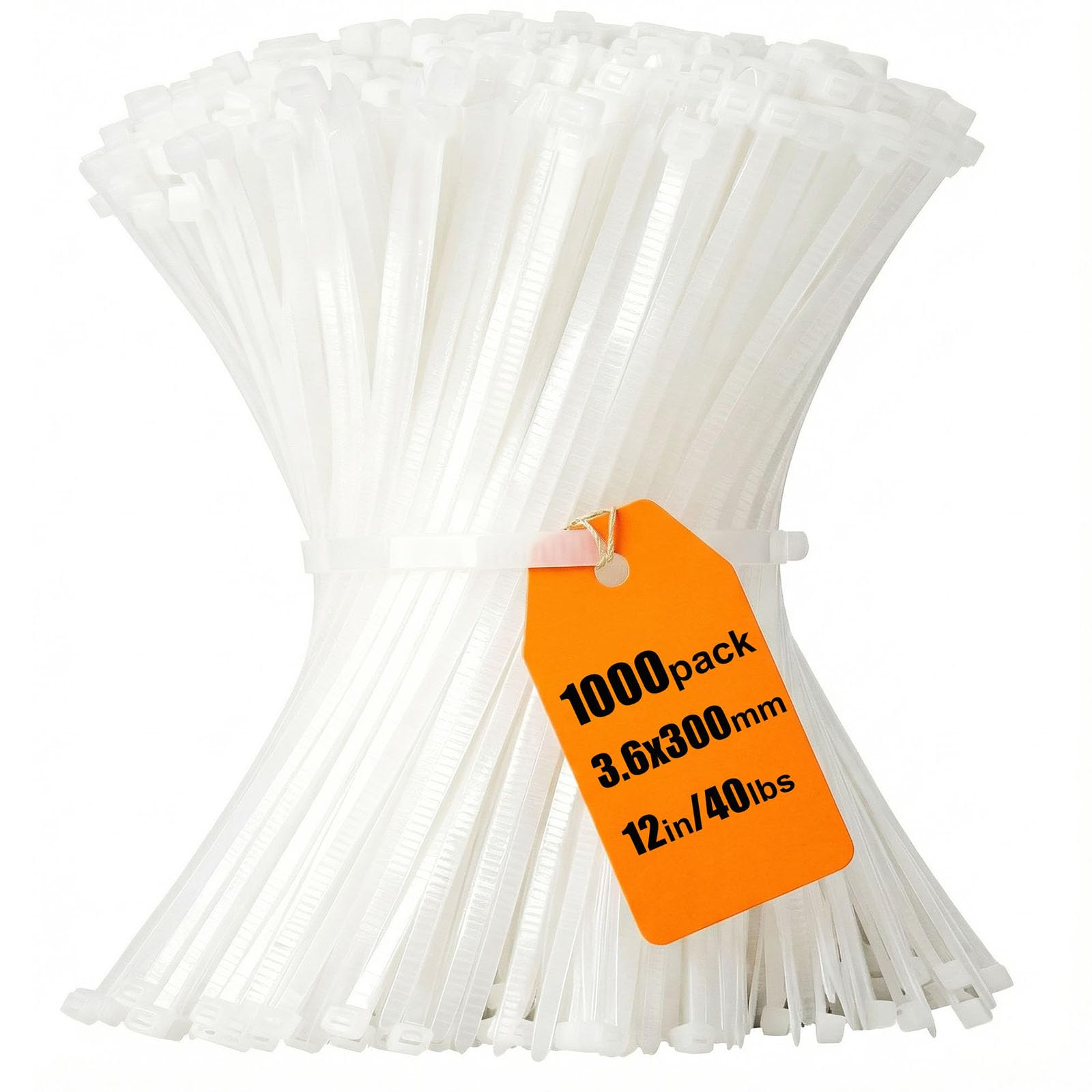 Cable Ties 1000 Pack, 12inch White Zip Ties, 300 x 3.6mm Nylon Tie Wraps Tensile Strength 40lbs with UV Resistant, Plastic Ties Self Locking Large Heavy Duty Cable Wrap for Tidy Wires Garden Workshop