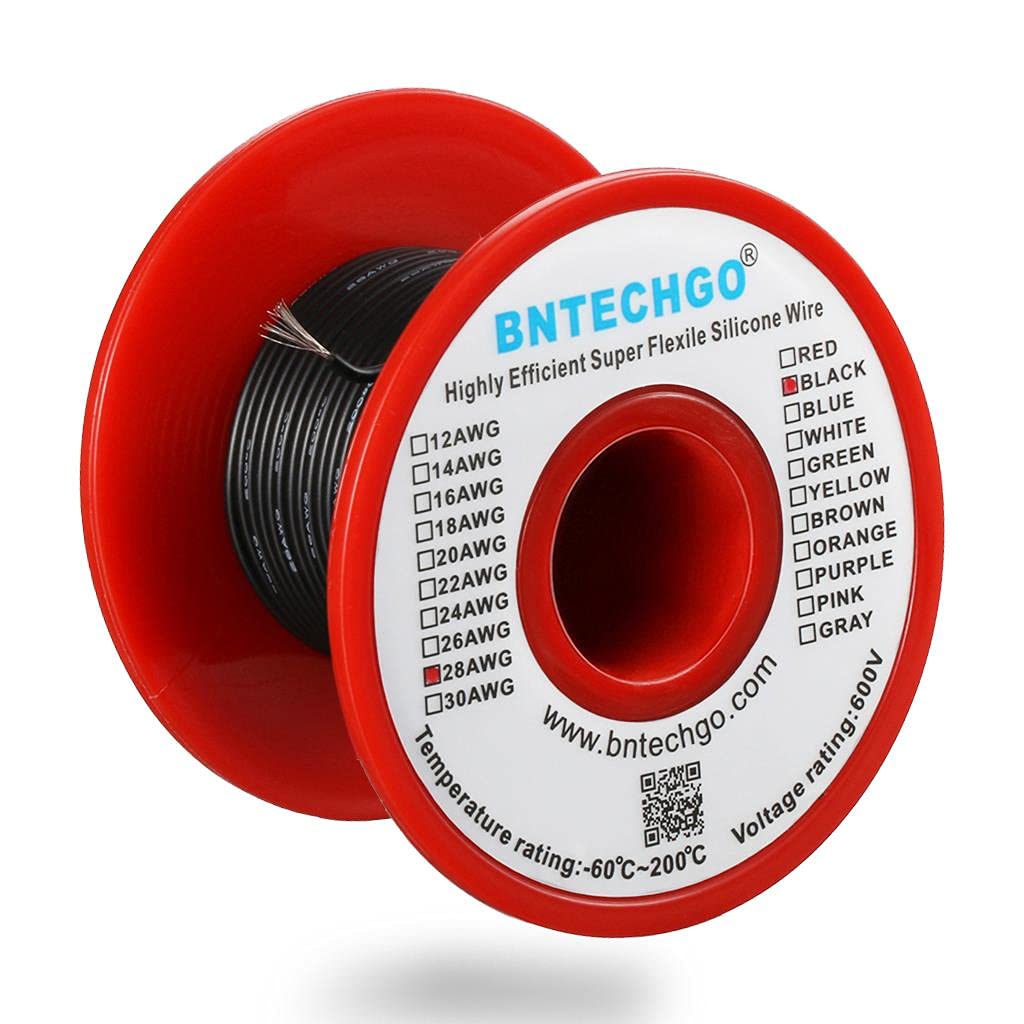 BNTECHGO 28 Gauge Silicone Wire Spool 100 ft Black Flexible 28 AWG Stranded Tinned Copper Wire